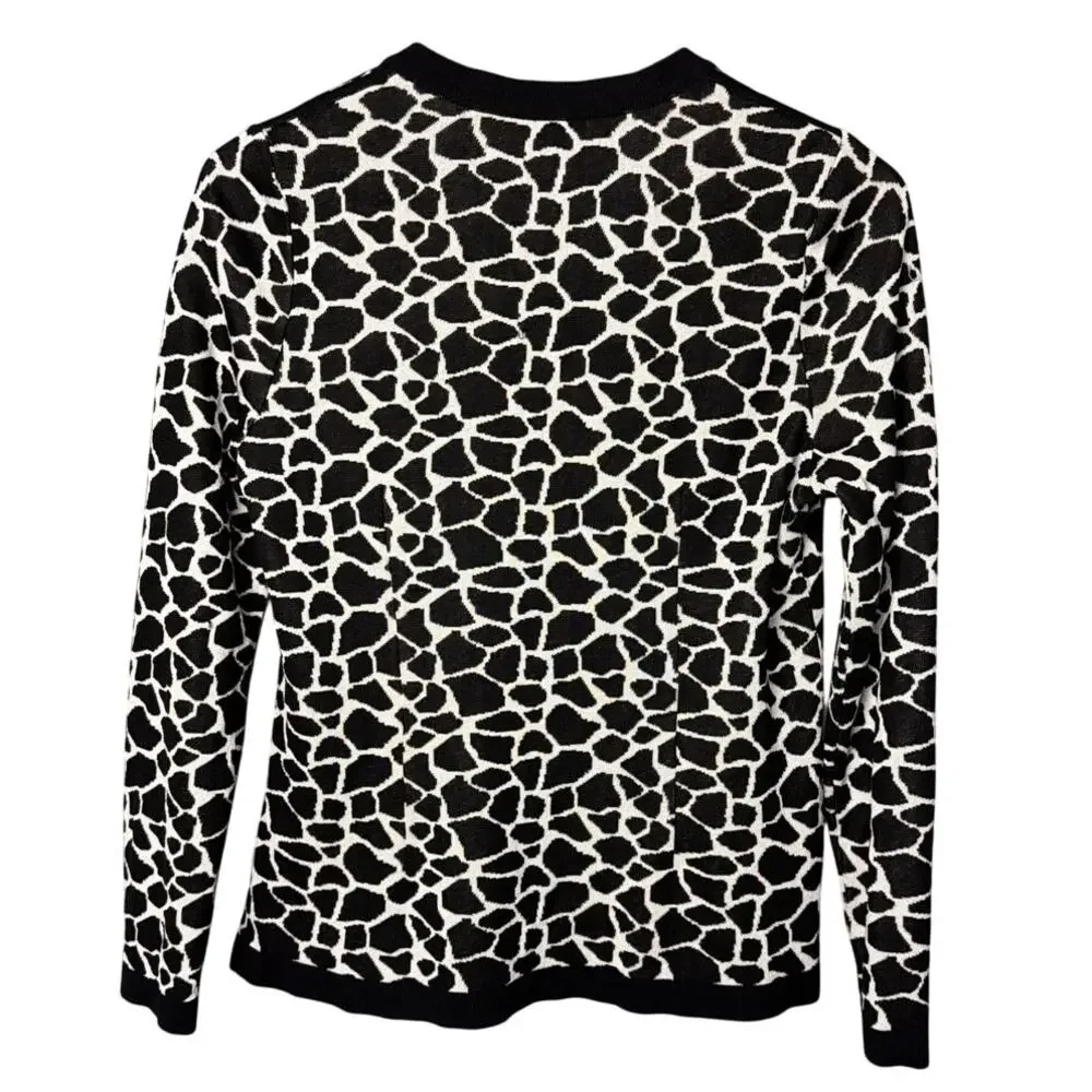 Misook Zip Cardigan Black White Giraffe Print Size SP Old Money Quiet Luxury
